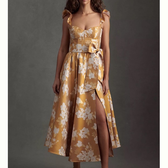 V. Chapman Dresses & Skirts - V. Chapman Vera Ruffle-Strap Corset Side-Slit Midi Dress Gold Baroque Floral
